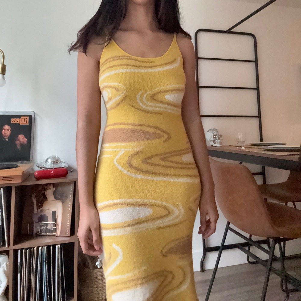 Yellow Swirl Cutout Knit Midi Dress Spaghetti Straps